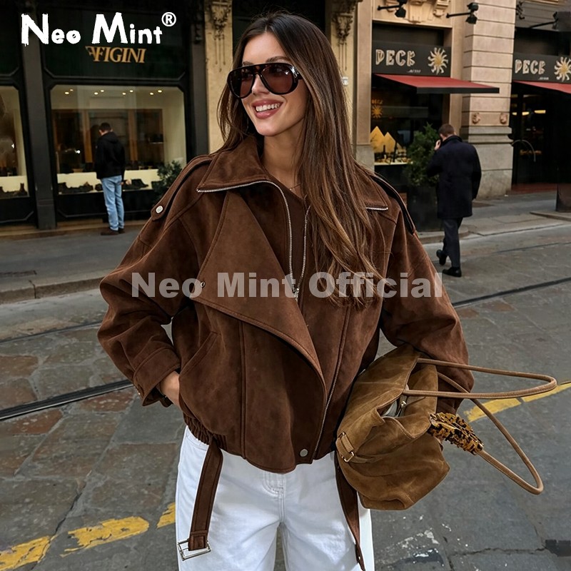 Streetwear Brand Designer - Jaqueta Feminina Oversized de Camurça Marrom